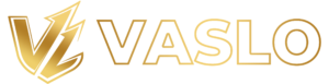 Logo dorado de Grupo Vaslo utilizado en el pie de página del sitio web.